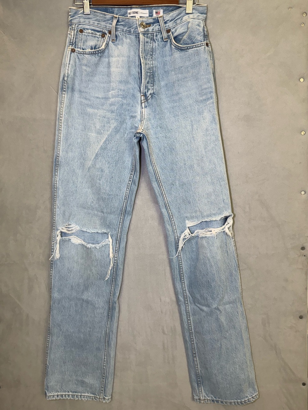 RE/DONE Originals High Rise Distressed Ripped Knee Straight Jeans 27 USA